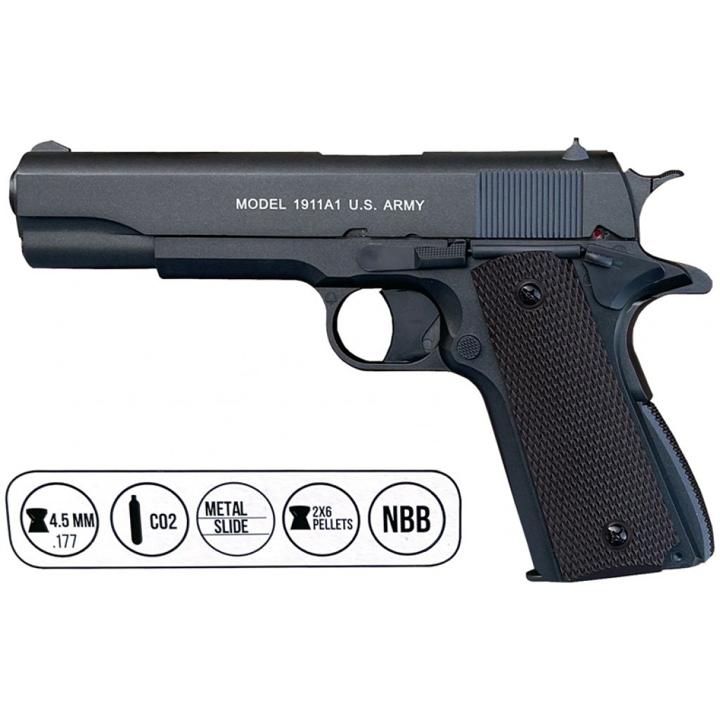 Auto Ordnance 1911 Co2 Non-Blowback Pistol (4.5mm/.177 Pellet – Metal Slide and ABS Body – Cybergun – Black – 438301)