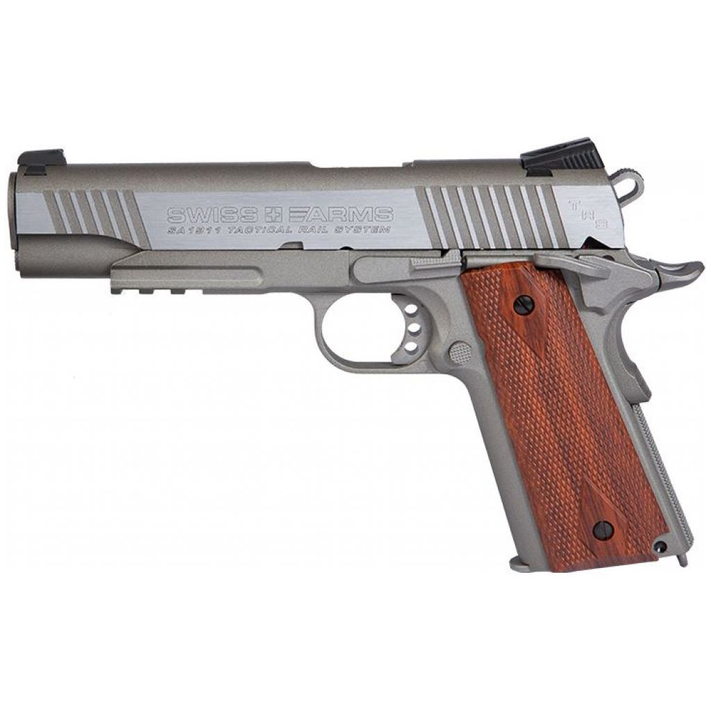 Swiss Arms 1911 4.5mm/.177 Tactical Rail Co2 Blowback Pistol (Cybergun – Silver – 288508)